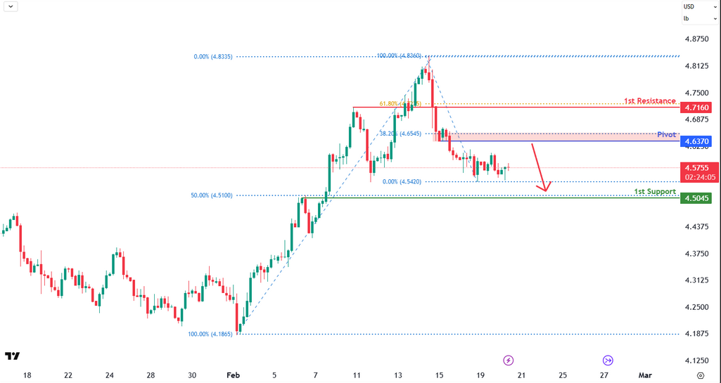 Copper Futures (hg1!) H4 | Rfalling Toward a Pullback Support