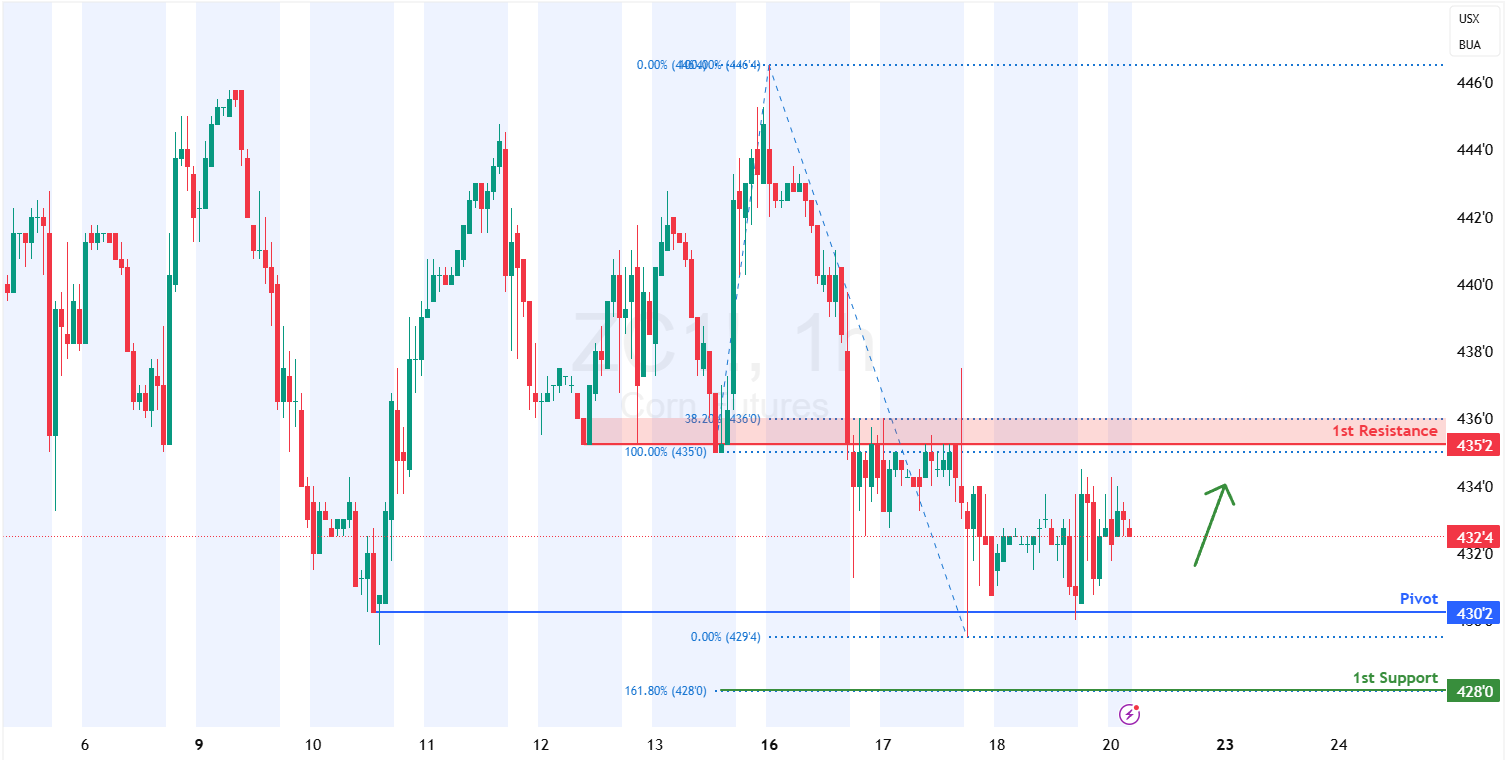 Corn Futures (zc1!) H1 I Falling Toward a Multi-swing-low Support