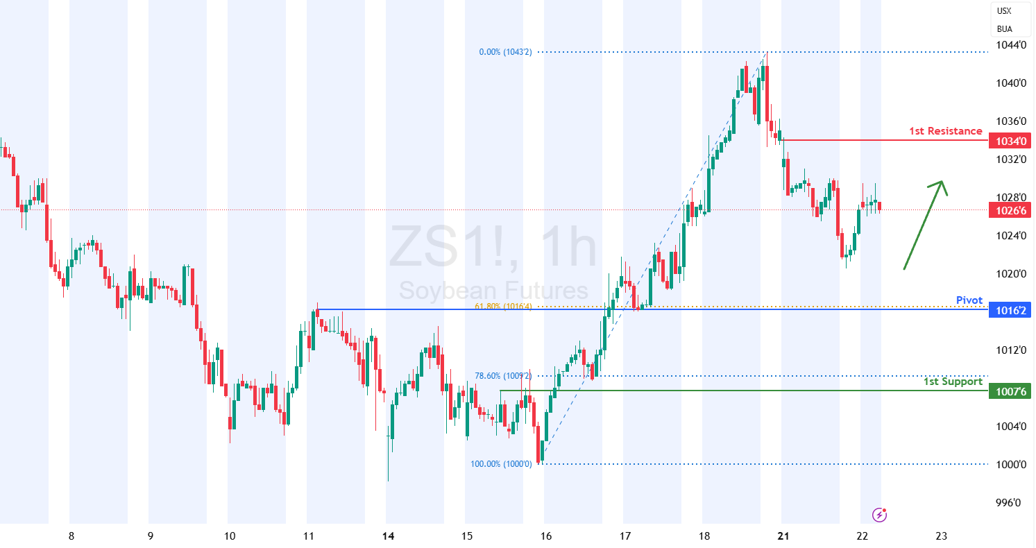 Soybean Futures (zs1!) H1 | Overlap Support at 61.8% Fibonacci Retracement